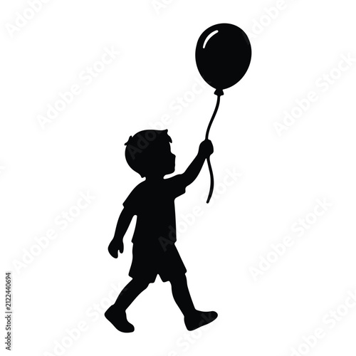 Black silhouette child holding balloon silhouette vector flat illustration design.