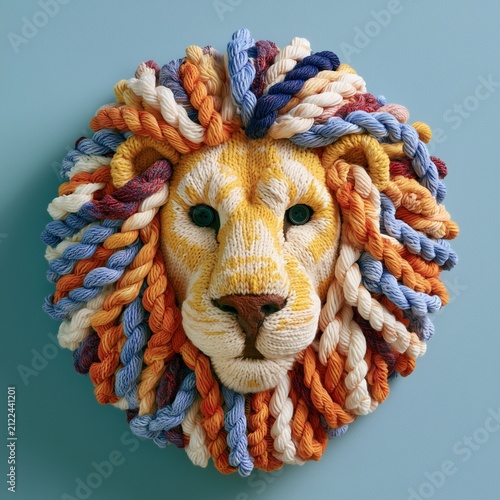 a 3d sculpted representation of a lion head made of thick, knitted yarn strands, mounted on a solid light blue background.