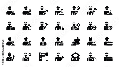Clean minimalist construction worker tool icons set with hard hat figures with flat style icons depicting construction workers wearing hard hats various tools clean
