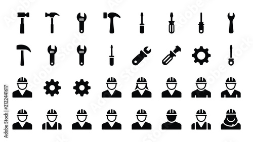 Modern minimalist black with minimalist collection black white icons featuring various construction tools worker figures arranged structured grid layout against neutral background