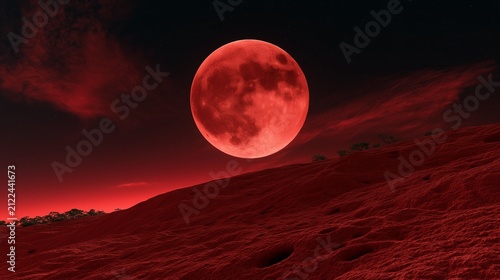 Dark Red Moon With Wispy Clouds Over Cratered Rocky Landscape