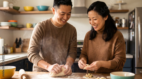 Asian couple happily kneading dough and making dumplings together in a cozy home kitchen