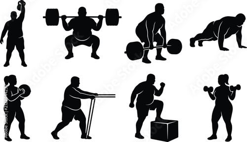 Obraz na płótnie Overweight strength workout silhouette set vector