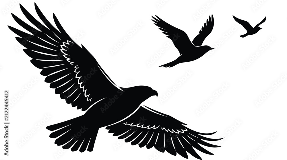 Fototapeta premium Majestic black eagles soaring through open air in artistic silhouette graphic vector style flat design