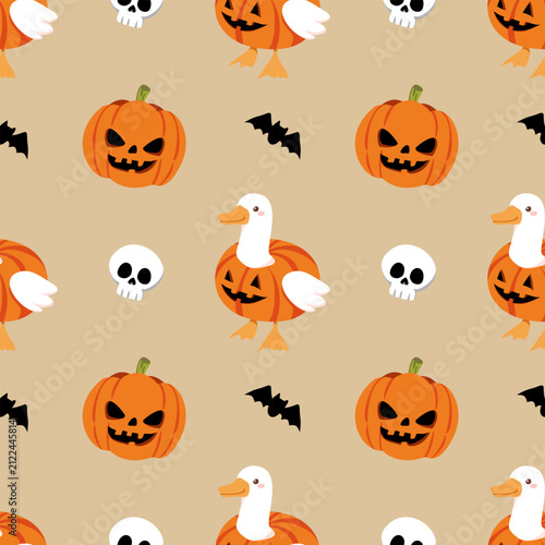 Cute halloween duck in pumpkin costume seamless pattern, pastel orange spooky repetitive background