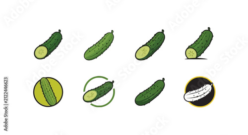 Fresh green cucumber icons with whole and sliced pieces