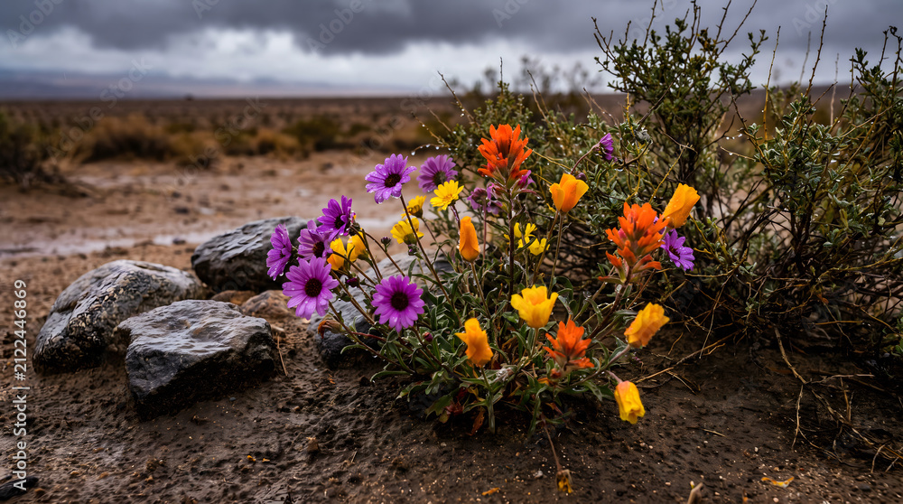Obraz premium Colorful wildflowers blooming beside rocks in an arid desert landscape