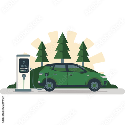 Green Electric Vehicle Charging Station Illustration