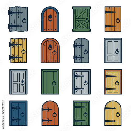 Collection of diverse wooden doors with various designs and hardware.