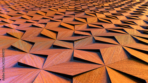 фотографія Macro close up perspective 3D render of wooden geometric wall panel with dramatic warm side lighting