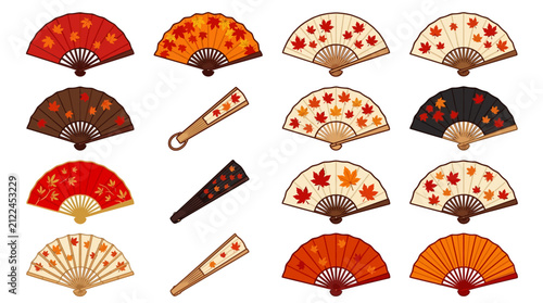 A collection of folding hand fans decorated with various colorful maple leaf motifs