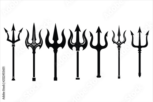 Trident Silhouette Vector Icon Set with Mythological Spear Designs Isolated on White Background