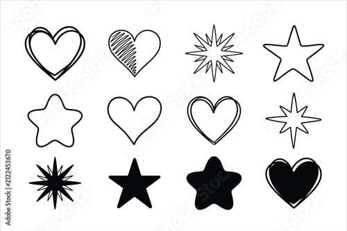 Heart and Star Doodle Icon Collection, Hand Drawn Outline and Silhouette Vector Shapes Bundle Isolated on White Background