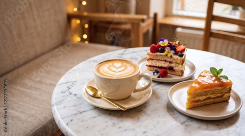 Freshly brewed latte with delicious cakes in a cozy cafe setting