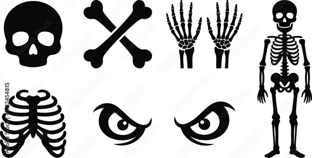 Naklejka premium Collection of black silhouette related to human anatomy and skeletons, including skulls, bones, hands, and rib cages, isolated on a white background, for medical or, spooky projects
