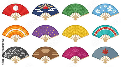 A collection of twelve decorative folding fans with diverse colorful patterns