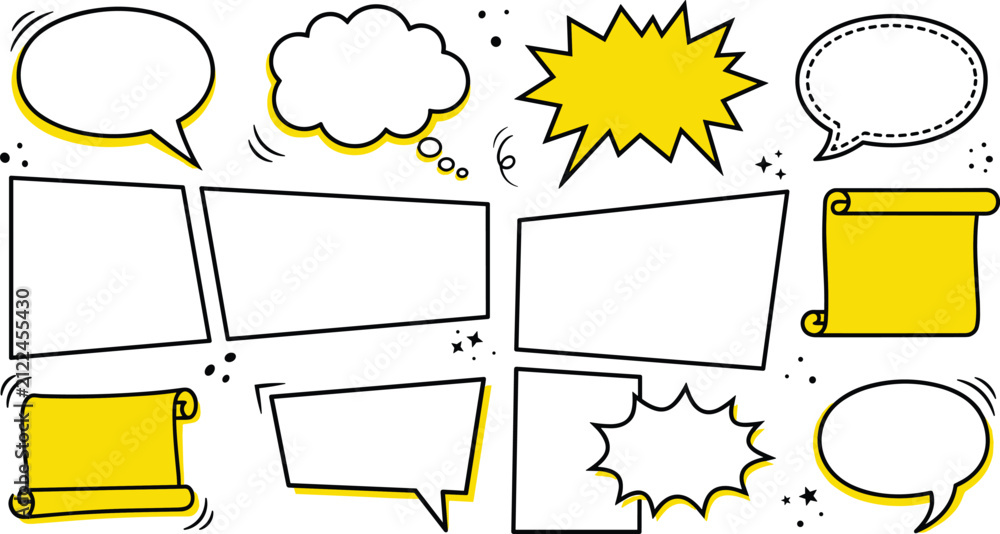 Obraz premium Comic Speech Bubble and Caption Box Vector Collection with Doodle Dialog Balloons, Blank Text Frames, Pop Art Callouts, and Cartoon Message Elements