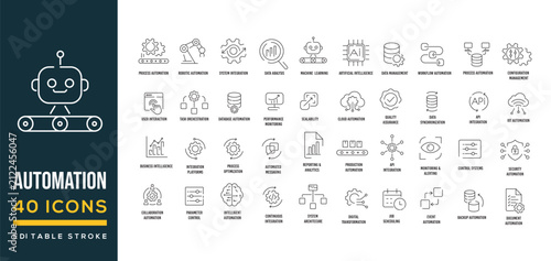 AI Automation Line Icons Set – Editable Stroke Artificial Intelligence, Workflow Automation, Machine Learning, Business Process & Technology Vector Collection