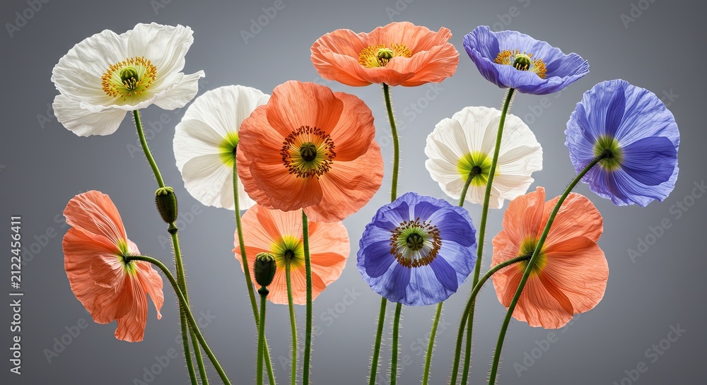Fototapeta premium Vibrant poppy flowers in bloom against a neutral backdrop