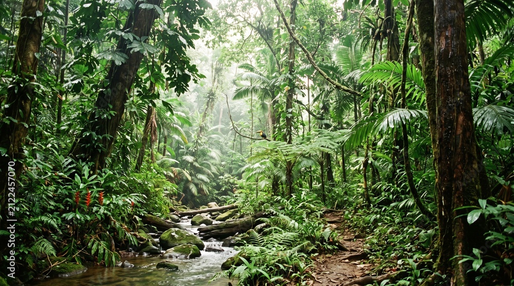 Naklejka premium Lush tropical rainforest with stream and toucan