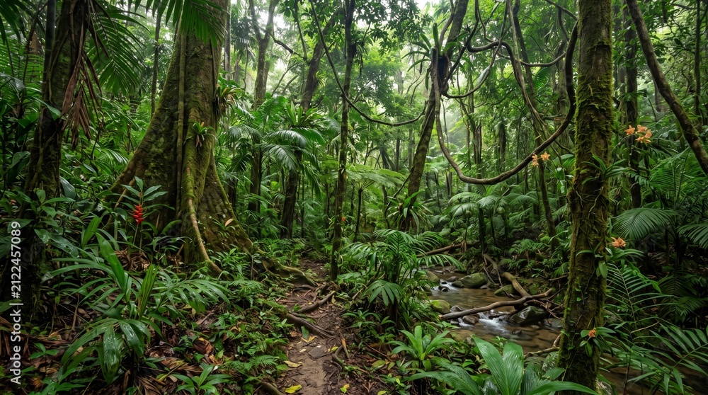 Obraz premium Lush tropical rainforest with stream and exotic plants