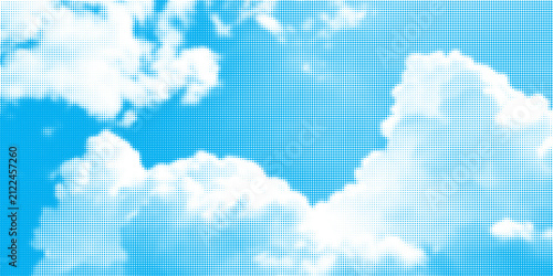 Abstract blue sky background with white clouds rendered in a halftone dots pattern. Modern retro comic style sky backdrop with pixelated raster texture for creative pop art designs.