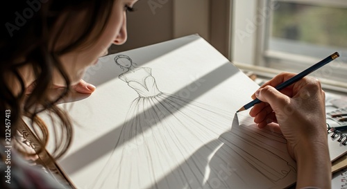 Woman sketching fashion design with pencil near window natural light