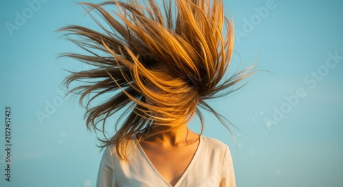 Woman with flowing hair against a clear blue sky background