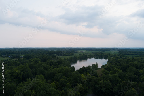Aerial drone view over lush green trees and a calm lake under a soft twilight sky with clouds
