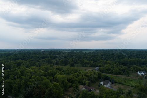 Aerial view of lush green forests and distant rural homes under a cloudy sky