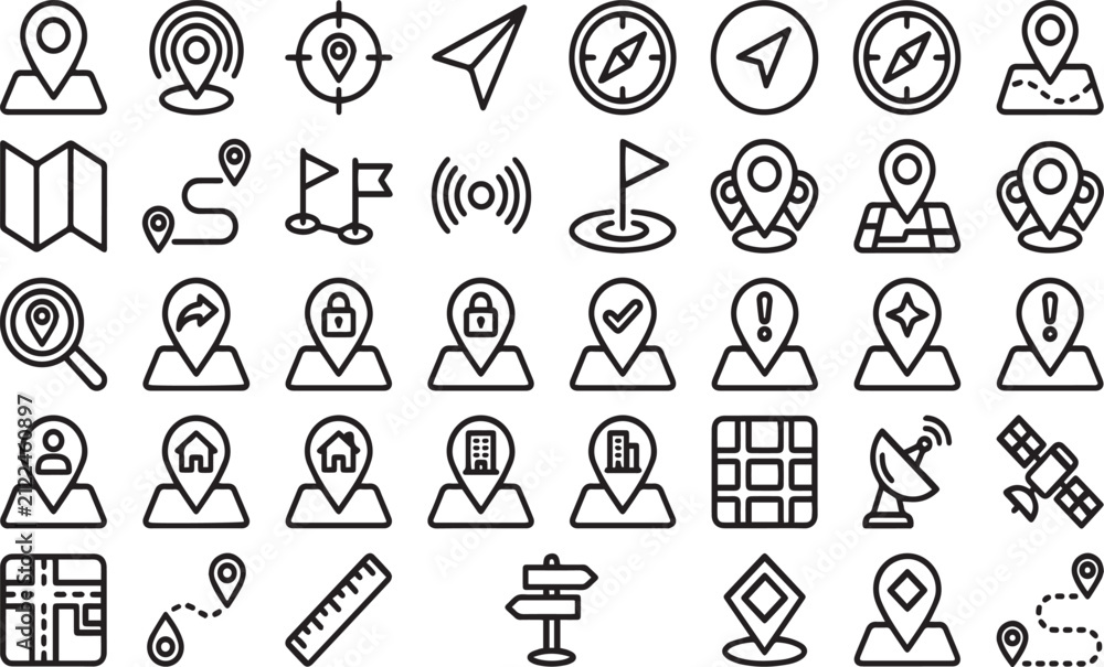 Fototapeta premium Route planning navigation icons and geographic map markers for digital tracking interfaces.