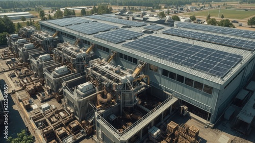 Futuristic material recovery facility (MRF) with complex machinery and green energy solar panels on the roof. Generative AI