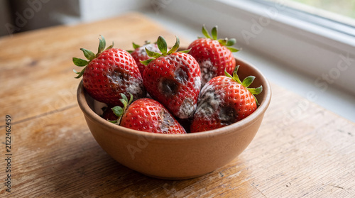 Bowl of spoiled strawberries showing mold growth and decomposition on an old wooden table by a window