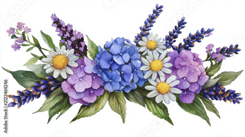 Beautiful watercolor depiction of floral arrangement featuring purple hydrangeas, daisies, and lavender, evoking sense