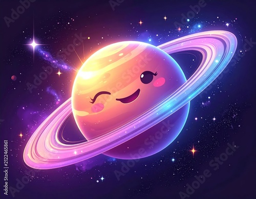 Cute cartoon Saturn planet smiling in starry outer space.