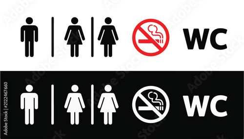 Vector illustration showing gender toilet signs with prohibition of smoking and wc text on dark backdrop.