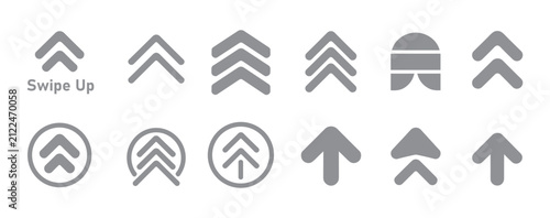 Collection of Swipe Up Arrow Icons: A comprehensive set of grey arrow icons designed for mobile applications and social media, indicating actions like scrolling or navigating upwards.