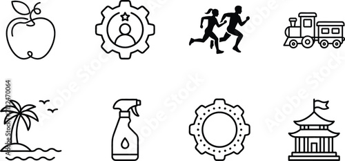 Minimalist linear miscellaneous vector icon set featuring business operations travel health and fitness elements
