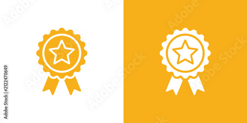фотографія Award Ribbon Icons: Two simple, clean graphic icons of a golden award ribbon with a star in the center, presented on contrasting white and yellow backgrounds, signifying excellence and achievement