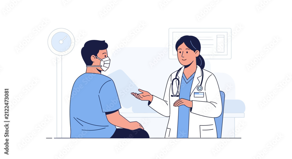 Fototapeta premium Doctor consulting patient with mask, medical exam, healthcare