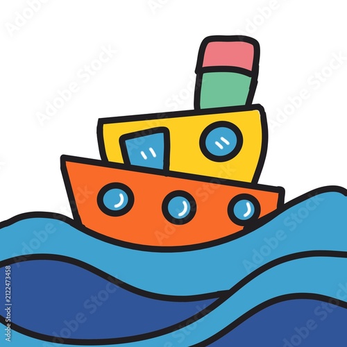 Colorful Toy Steamship Sailing on Blue Ocean Waves Vector Illustration