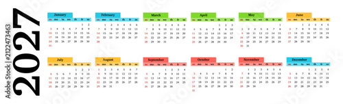 Calendar for 2027 isolated on a white background