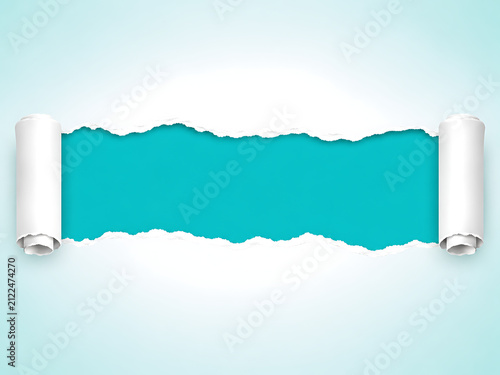 Torn paper frame with teal background ripped paper scroll with space for text or design