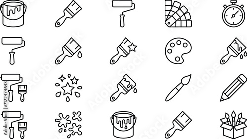 Home renovation and painting tools line art vector icon set featuring paint bucket roller brush palette color swatch and pencil symbols.eps