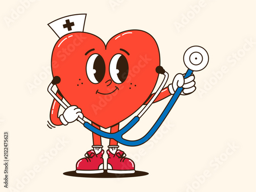 Adorable groovy heart shaped doctor character holding stethoscope. Vector illustration for kids medical clinic, pediatric care flyer, healthcare app mascot.