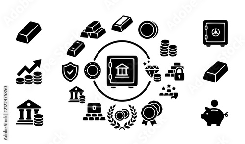 Modern Gold Bullion and Coin Glyph Vector Icon Collection