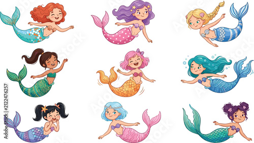 Adorable Swimming Mermaid Sticker Set with Diverse Characters Colorful Patterned Tails and Cute Hairstyles for Creative Kids Scrapbooking Crafts and Pattern Design