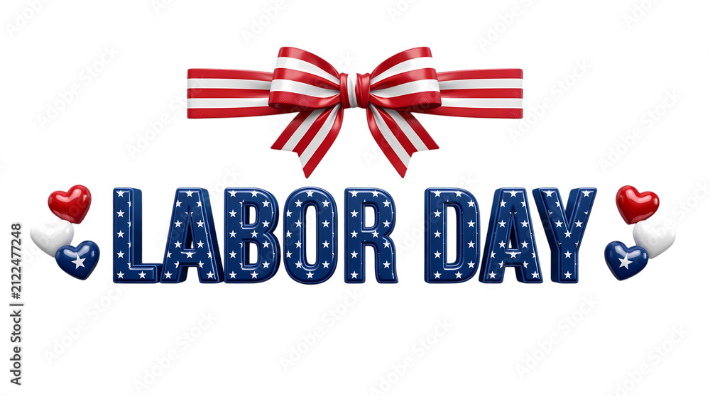 Obraz premium Labor day text with american flag stars and stripes ribbon isolated on transparent background