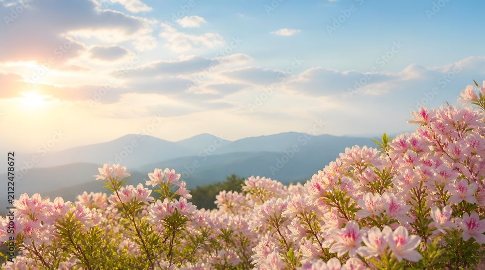Obraz premium Breathtaking Sunset View Over The Blue Ridge Mountains With Vibrant Pink Azalea Flowers Blooming During A Serene Spring Season Afternoon