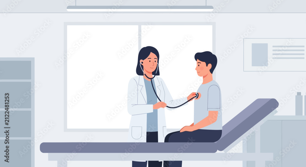 Fototapeta premium Doctor examining patient with stethoscope in clinic room
